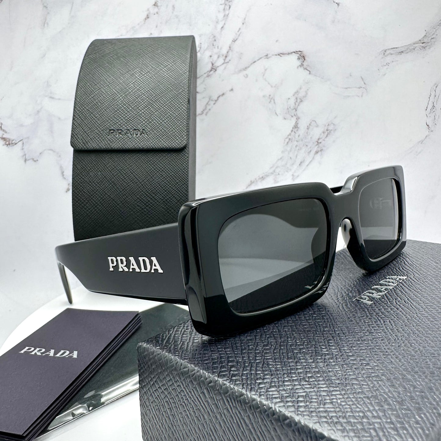 Prada Black Acetate Rectangle Sunglasses Logo PR A07S