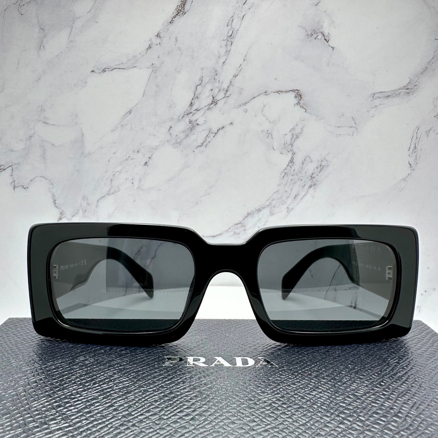 Prada Black Acetate Rectangle Sunglasses Logo PR A07S