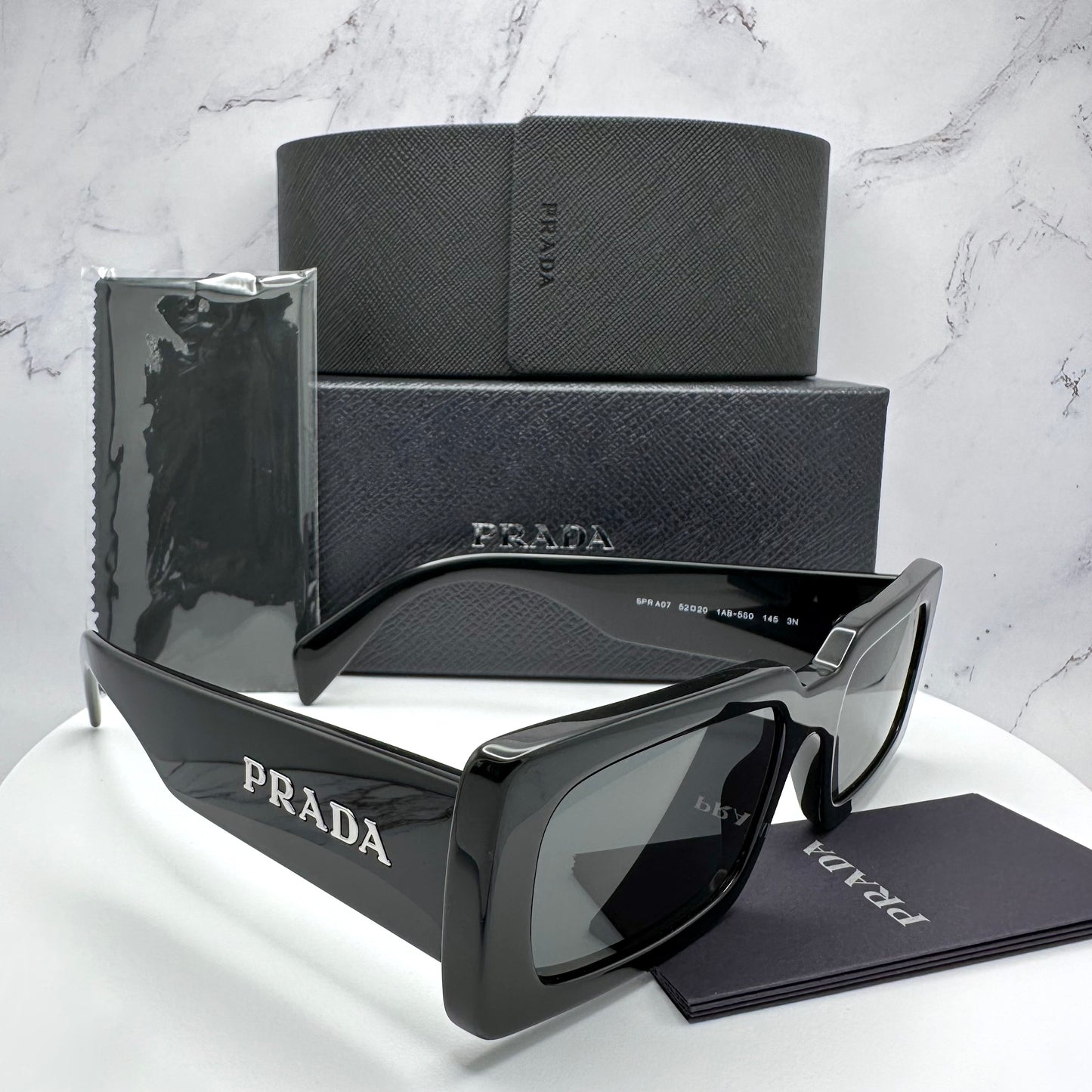 Prada Black Acetate Rectangle Sunglasses Logo PR A07S