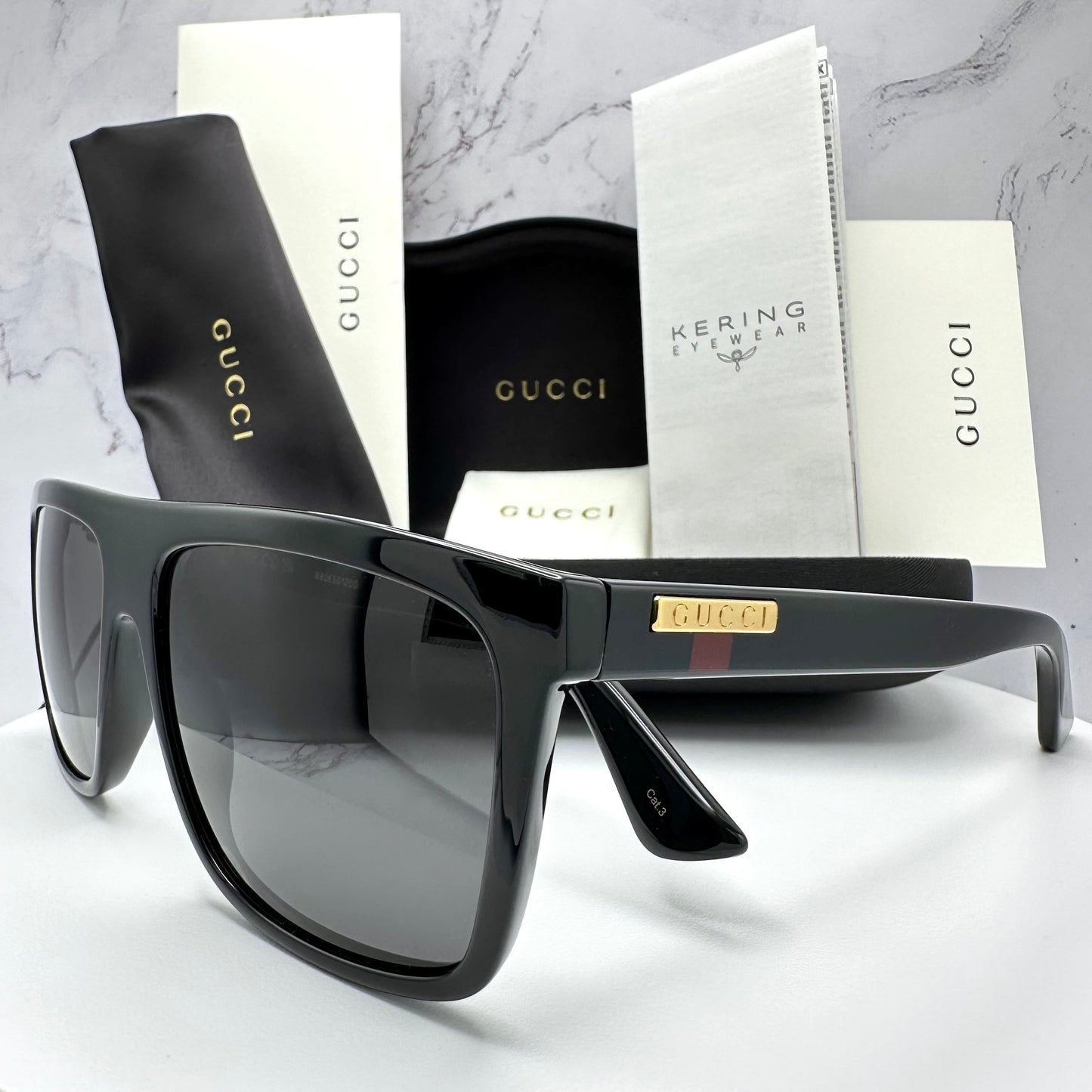 Gucci Black Sunglasses Square Aviator Gold Plate Web GG0748S