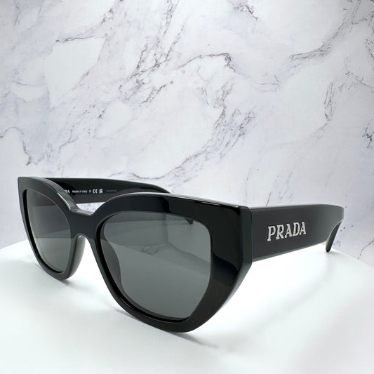 PRADA Sunglasses Black Cat Eye PRA09S Silver Logo 53mm