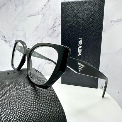 Prada 0PR18WV 1AB1O1 black square authentic optical glasses with silver Symbole logo side view