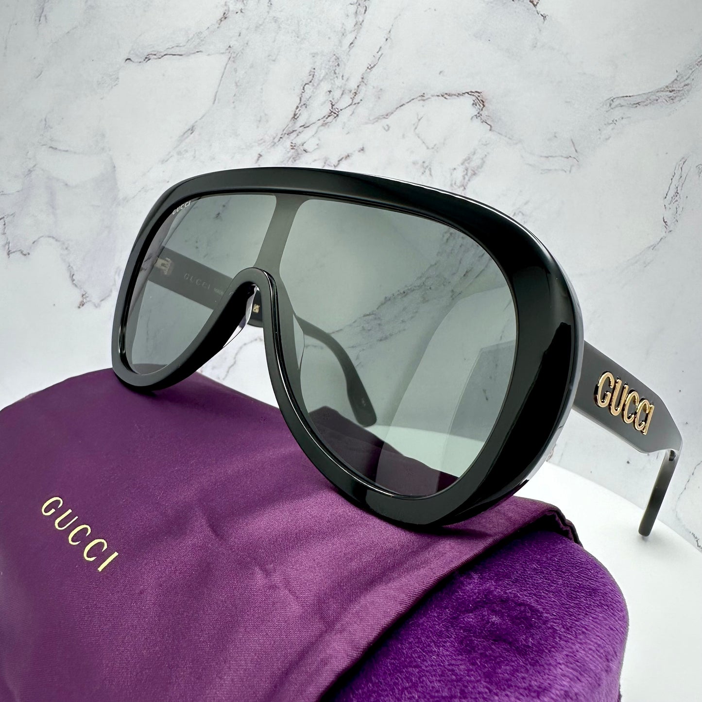 GUCCI Sunglasses Black GG1370S  001 Mask Shield Oversized Runway