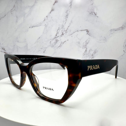 Prada PRA16V 17N1O1 brown tortoise cat eye gold metal logo women's eyeglasses side view.