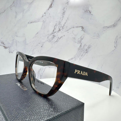 Prada 0PRA16V 17N1O1 brown tortoise frame glasses for women side view.