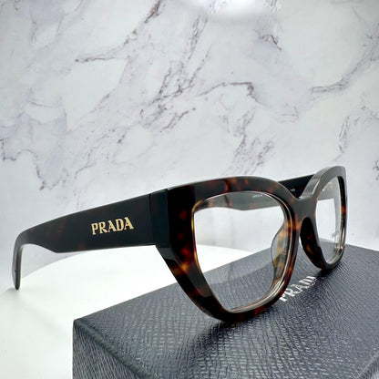 Prada PRA16V 17N1O1 women's brown tortoise cat eye eyeglasses authentic gold logo side view demo lens