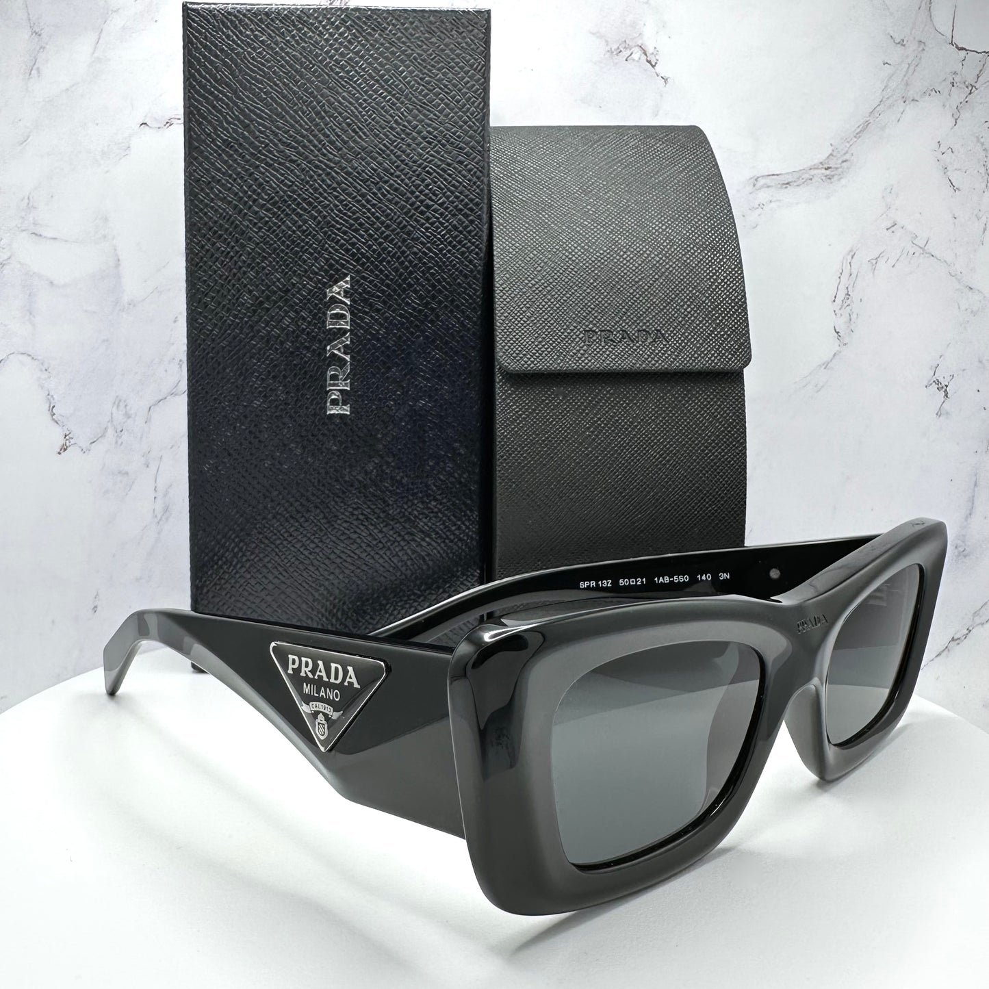 PRADA Black Sunglasses PR13ZS Triangle Silver Logo