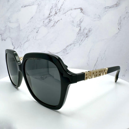 Burberry 0BE4389 300187 black square oversized women sunglasses with grey lens gold logo side view.