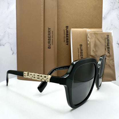 Burberry BE4389 300187 black square oversized frames with grey lens gold logo for women side view with box and case.