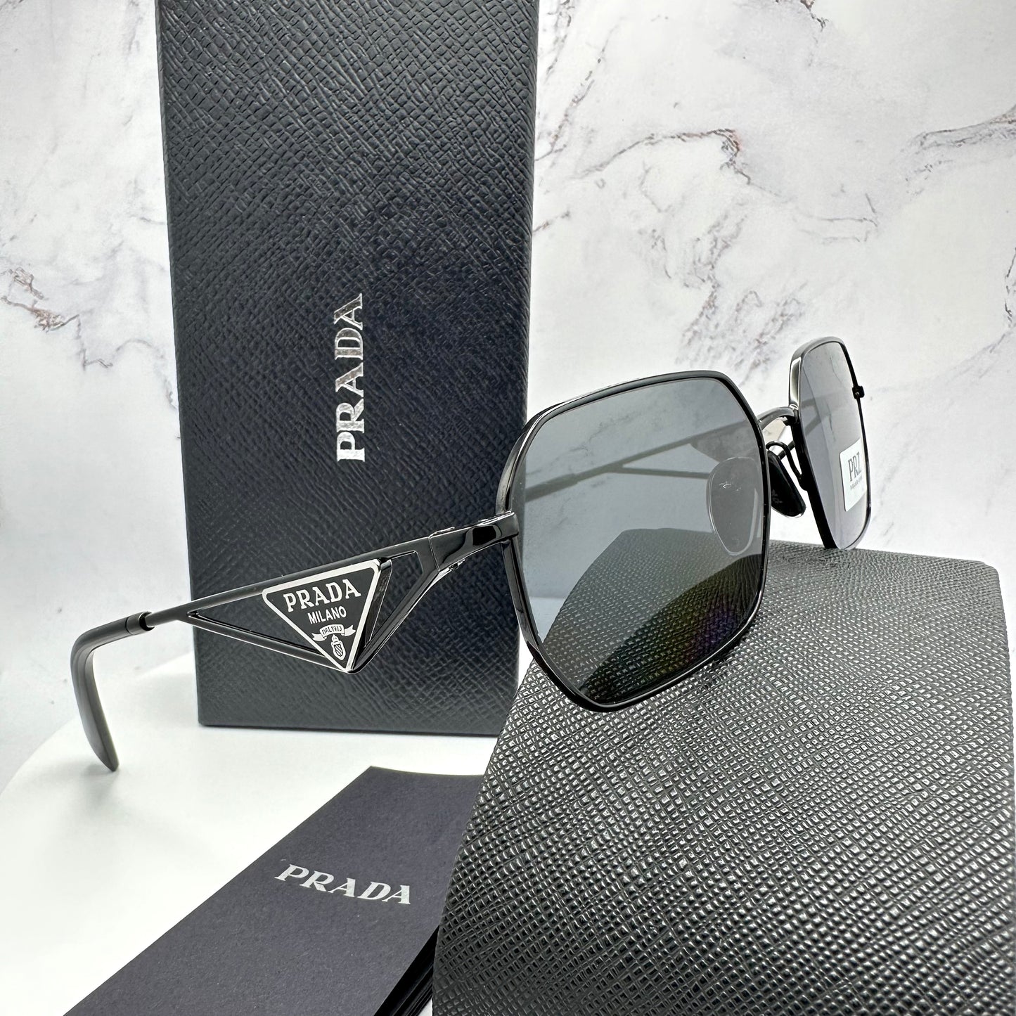 PRADA Sunglasses Black Polarized PRA51S Triangle Logo