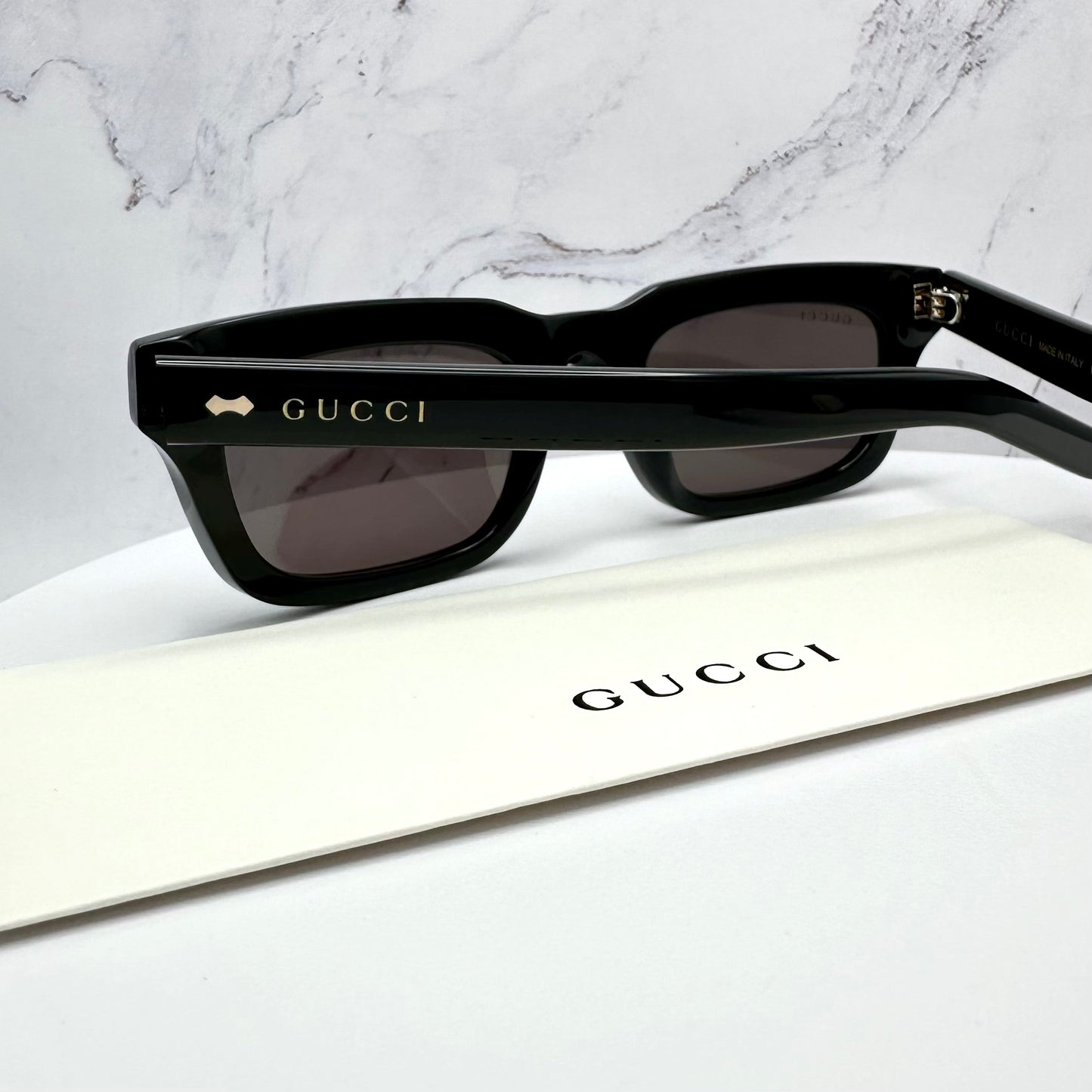 Gucci Rivetto Sunglasses GG1524S 001 Black Square Letter Gold Logo 51mm