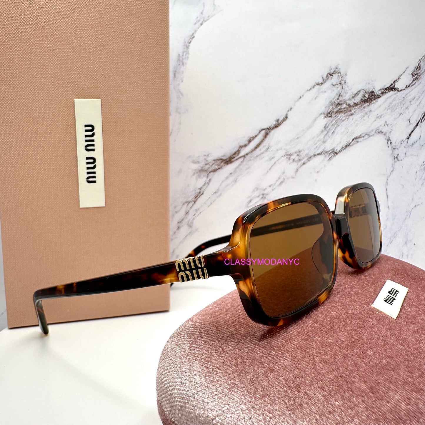 MIU MIU Sunglasses Brown Gold Slim Square Rectangle  MU11ZS VAU2Z1