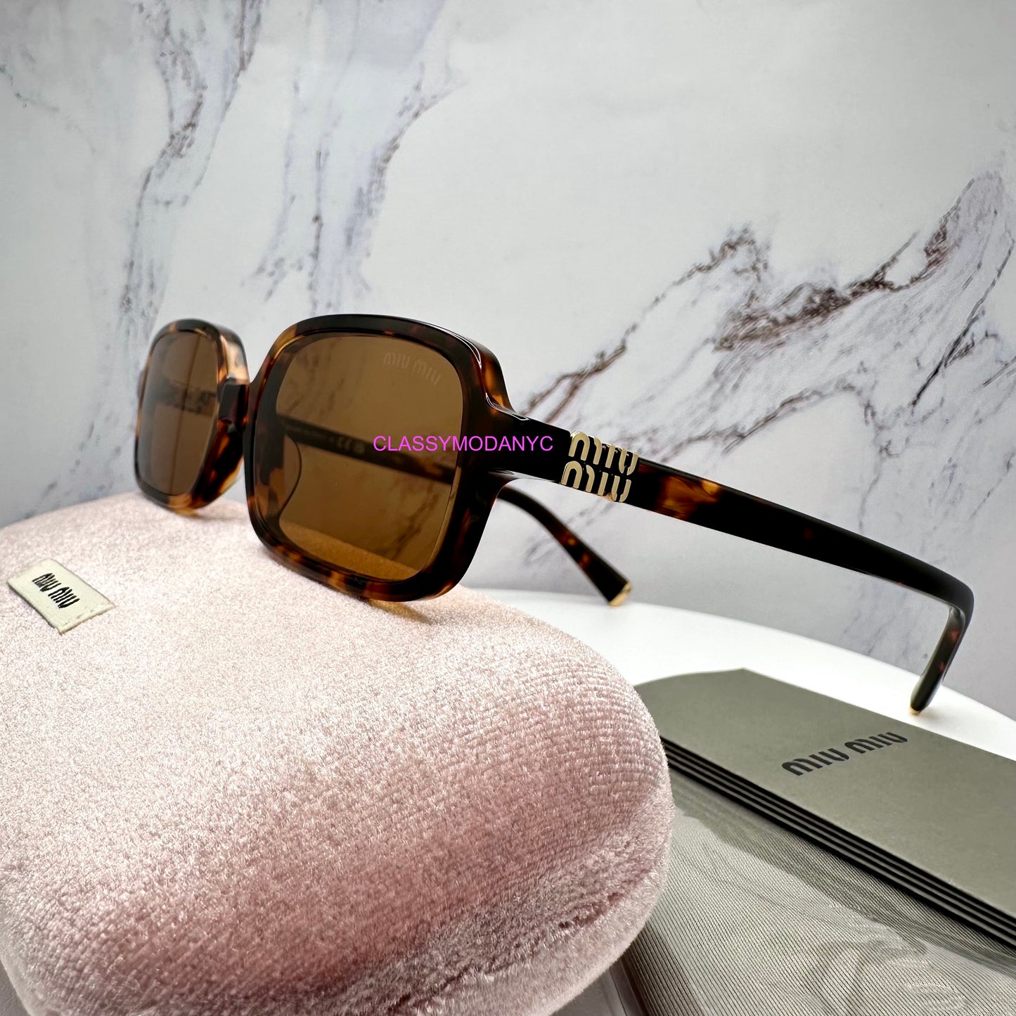 MIU MIU Sunglasses Brown Gold Slim Square Rectangle  MU11ZS VAU2Z1