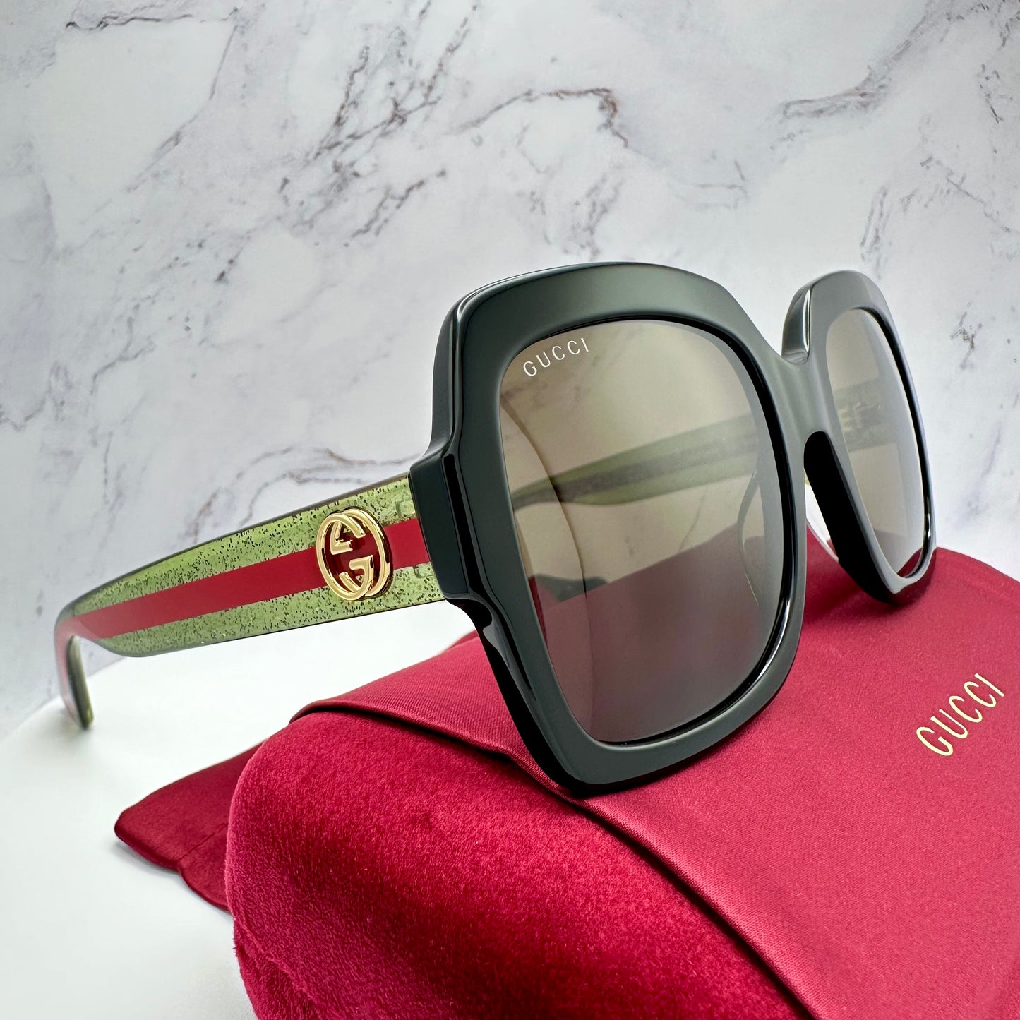 Gucci Sunglasses GG0036SN Black Square GG Logo Red & Green Sparkle