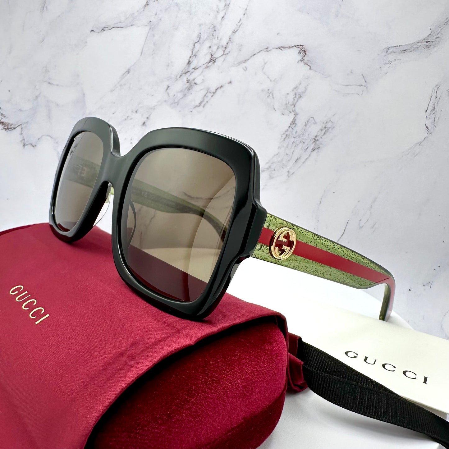 Gucci Sunglasses GG0036SN Black Square GG Logo Red & Green Sparkle