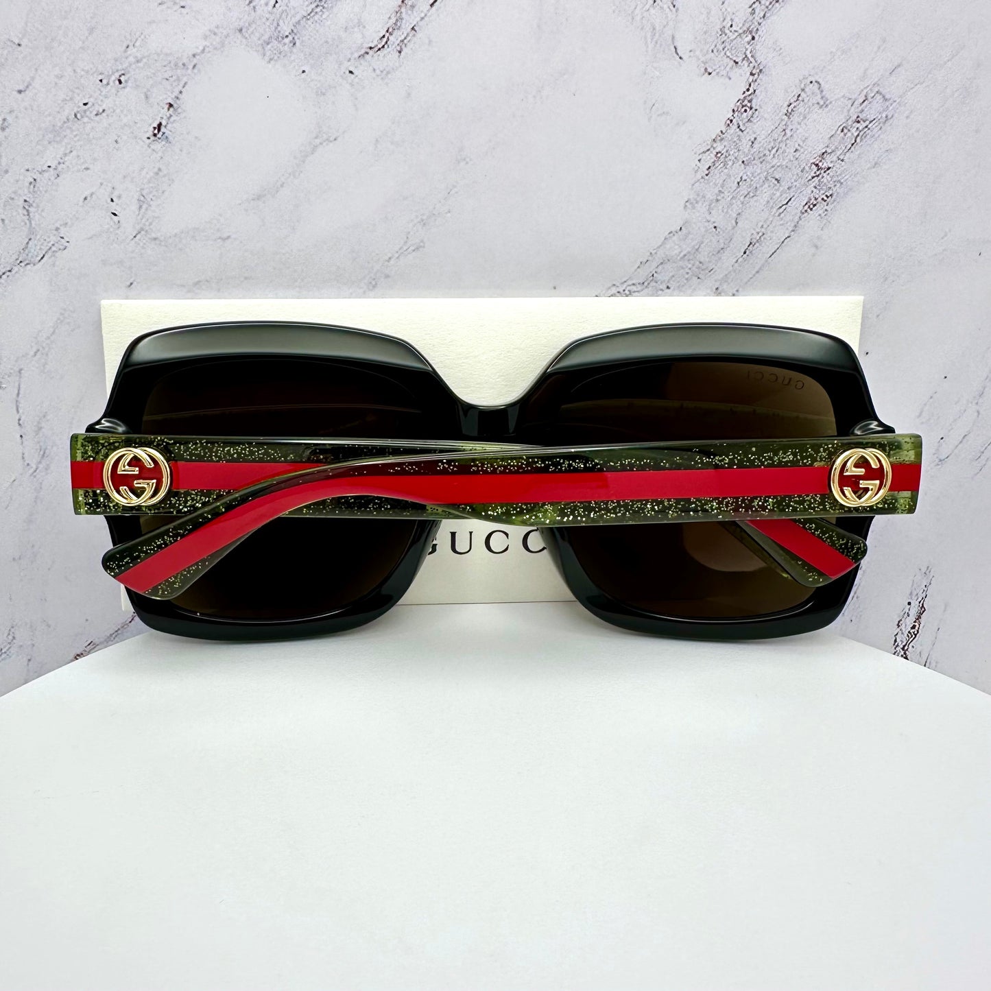 Gucci Sunglasses GG0036SN Black Square GG Logo Red & Green Sparkle