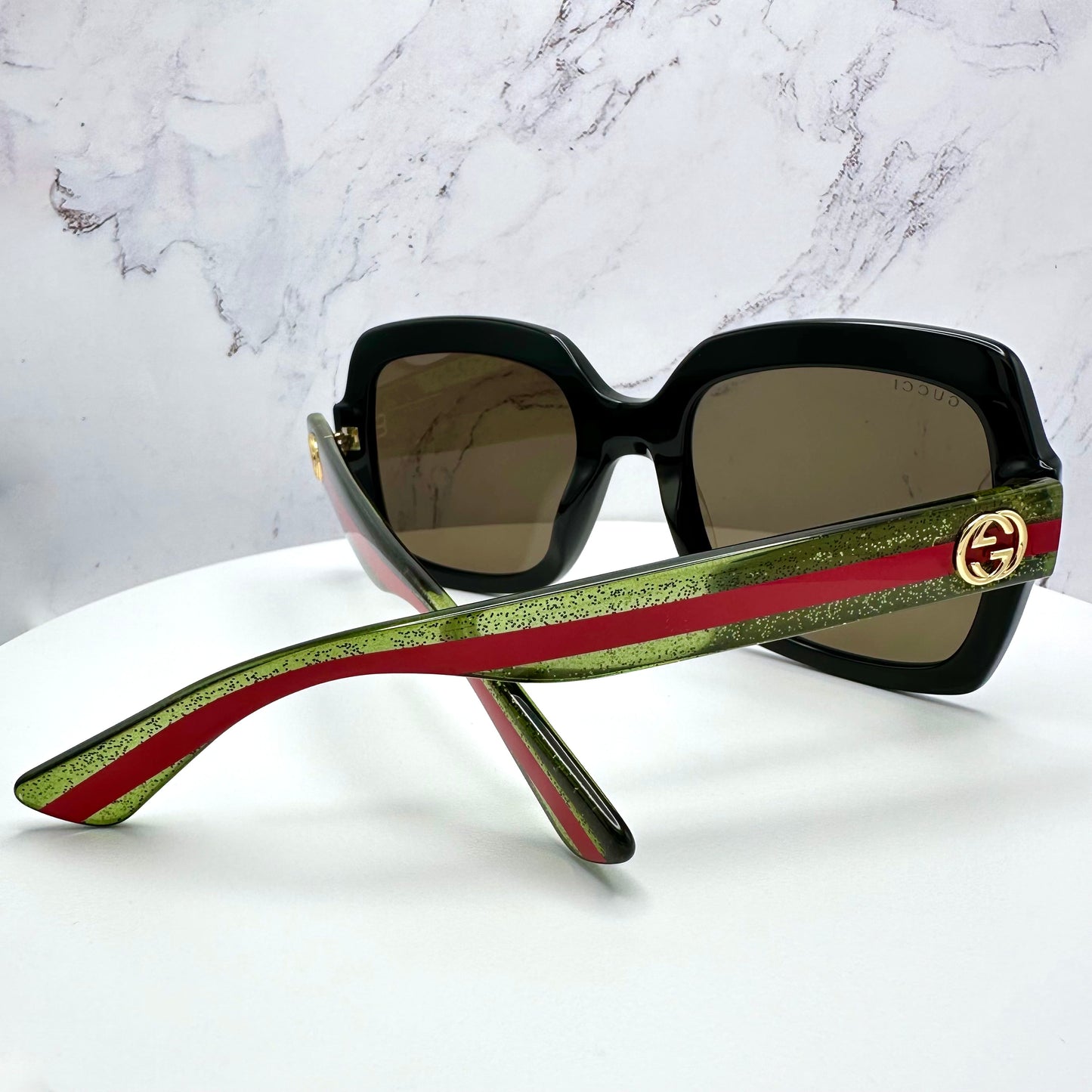 Gucci Sunglasses GG0036SN Black Square GG Logo Red & Green Sparkle