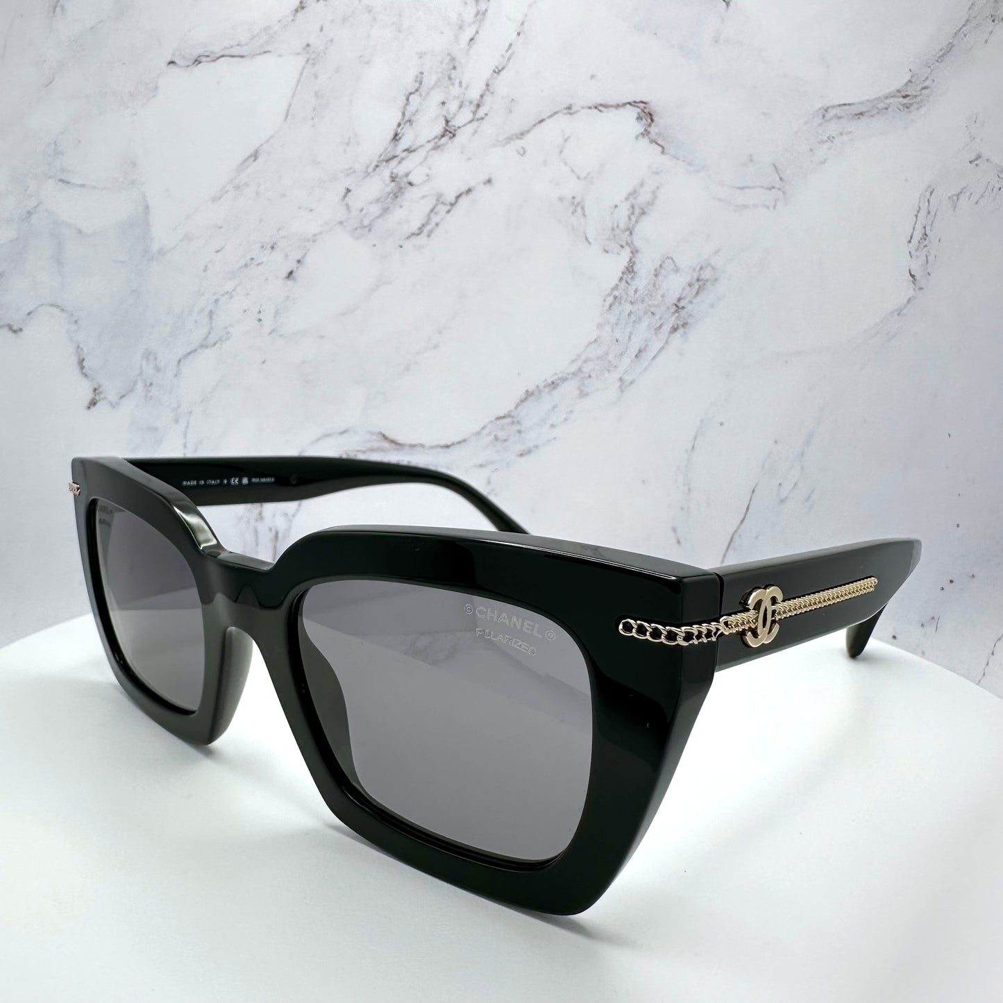 CHANEL Sunglasses Polarized Black Acetate Gold Metal Logo CH5509