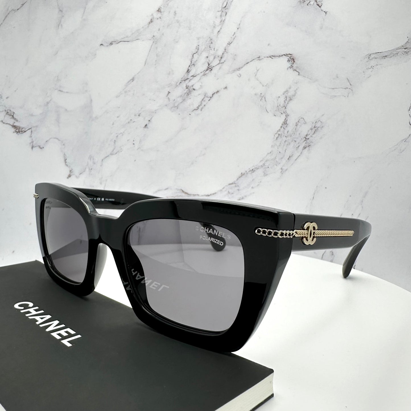 CHANEL Sunglasses Polarized Black Acetate Gold Metal Logo CH5509