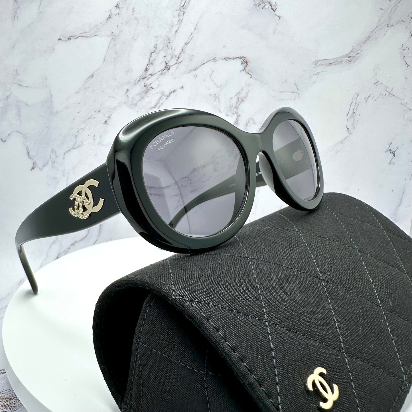 CHANEL Sunglasses Polarized Black Gold & Crystal CC Logo 5469B