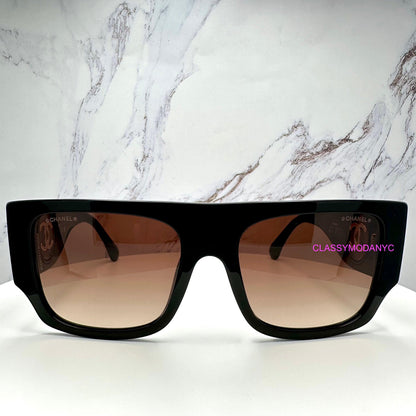 CHANEL CH5549 C622/S5 black shield square wrap women's sunglasses with brown lens front view