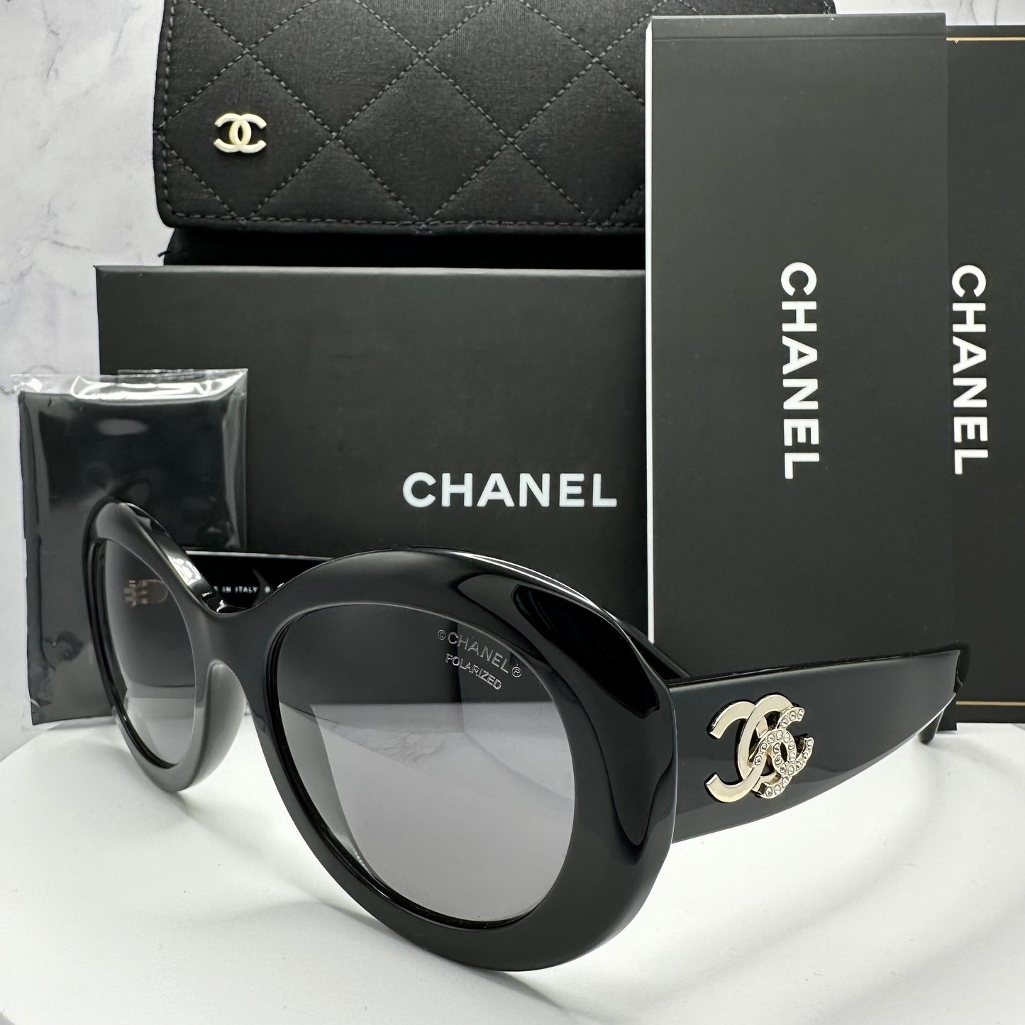 CHANEL Sunglasses Polarized Black Gold & Crystal CC Logo 5469B