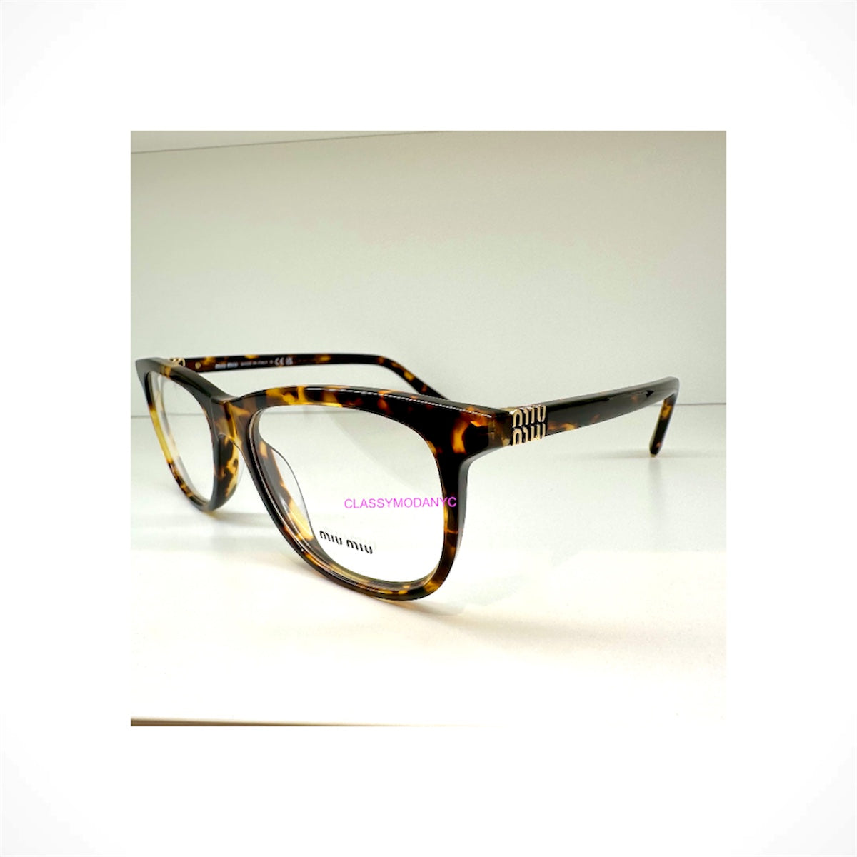 MIU MIU MU01WV 14L1O1 brown Honey Havana tortoise panto square women's eyeglasses with gold logo