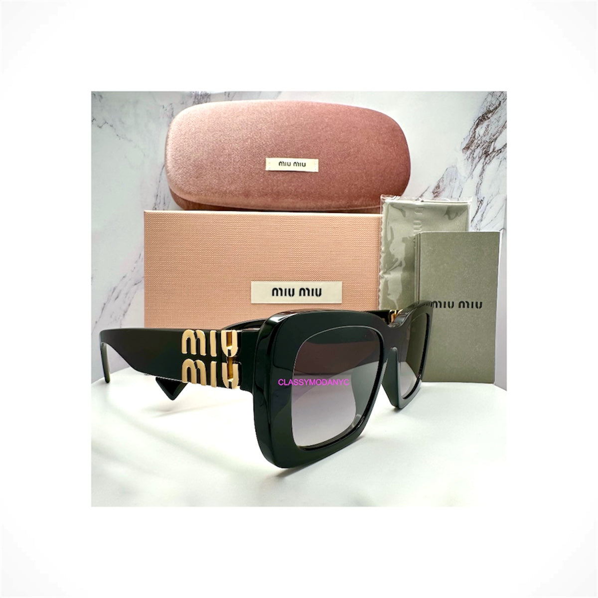 MIU MIU MU07YS 1AB5D1 women's black square acetate sunglasses with gray gradient lenses and gold logo