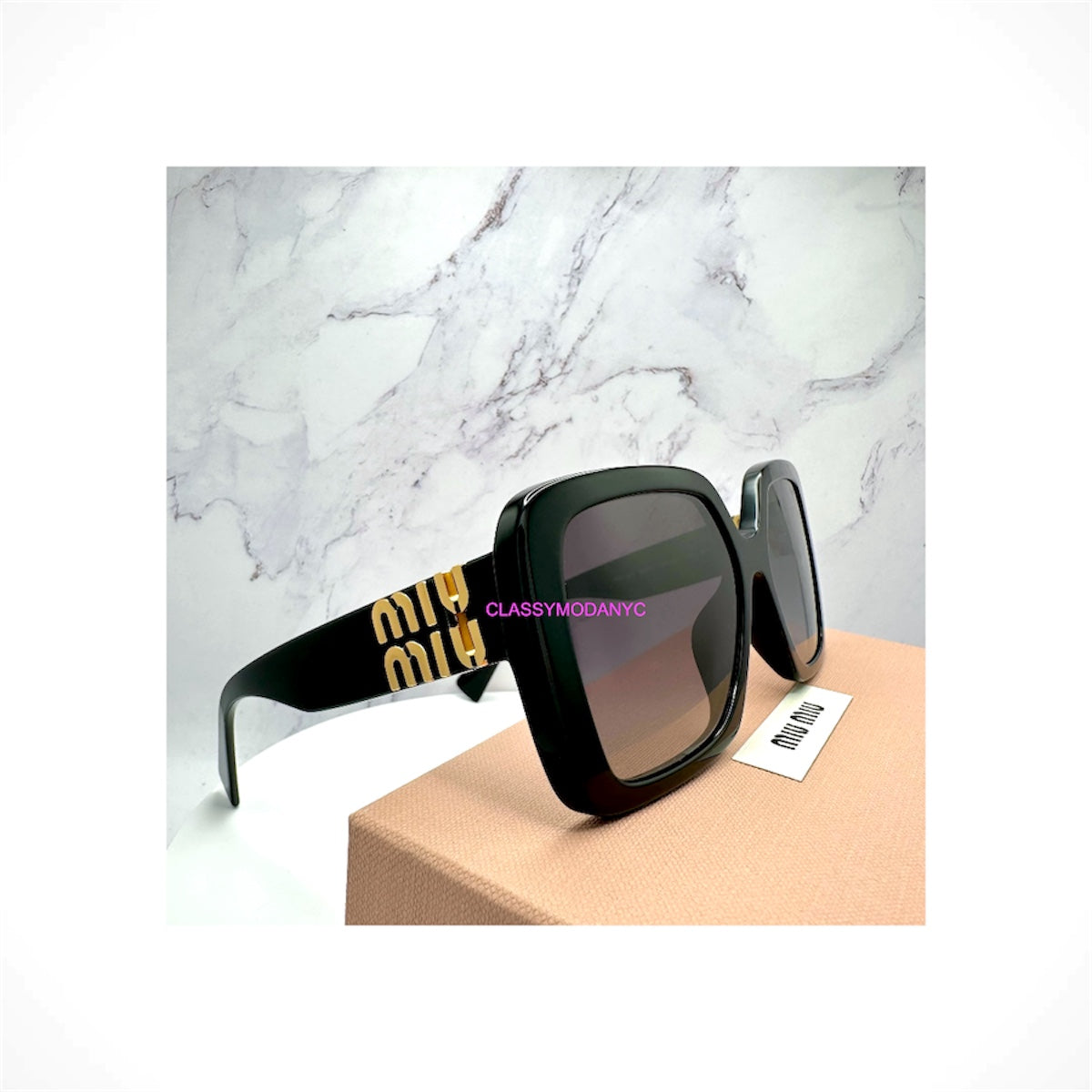 MIU MIU MU10YS 1AB5D1 women's black square acetate sunglasses with gray gradient lenses and gold logo