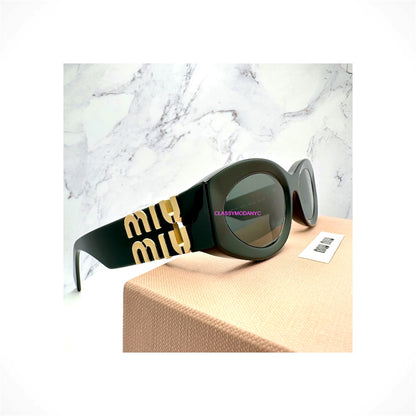 MIU MIU MU11WS 1AB5S0 women's black acetate oval sunglasses with gray lenses and gold hardware