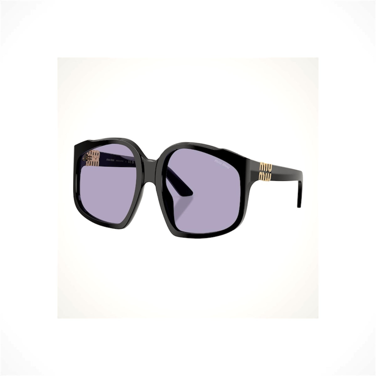 MIU MIU MUA07S 16K01O black oversized irregular sunglasses with violet lenses and gold logo for women