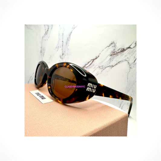 MIU MIU MUB09S 14L20V brown Honey Havana oval sunglasses with dark bronze brown lenses and gold logo for women