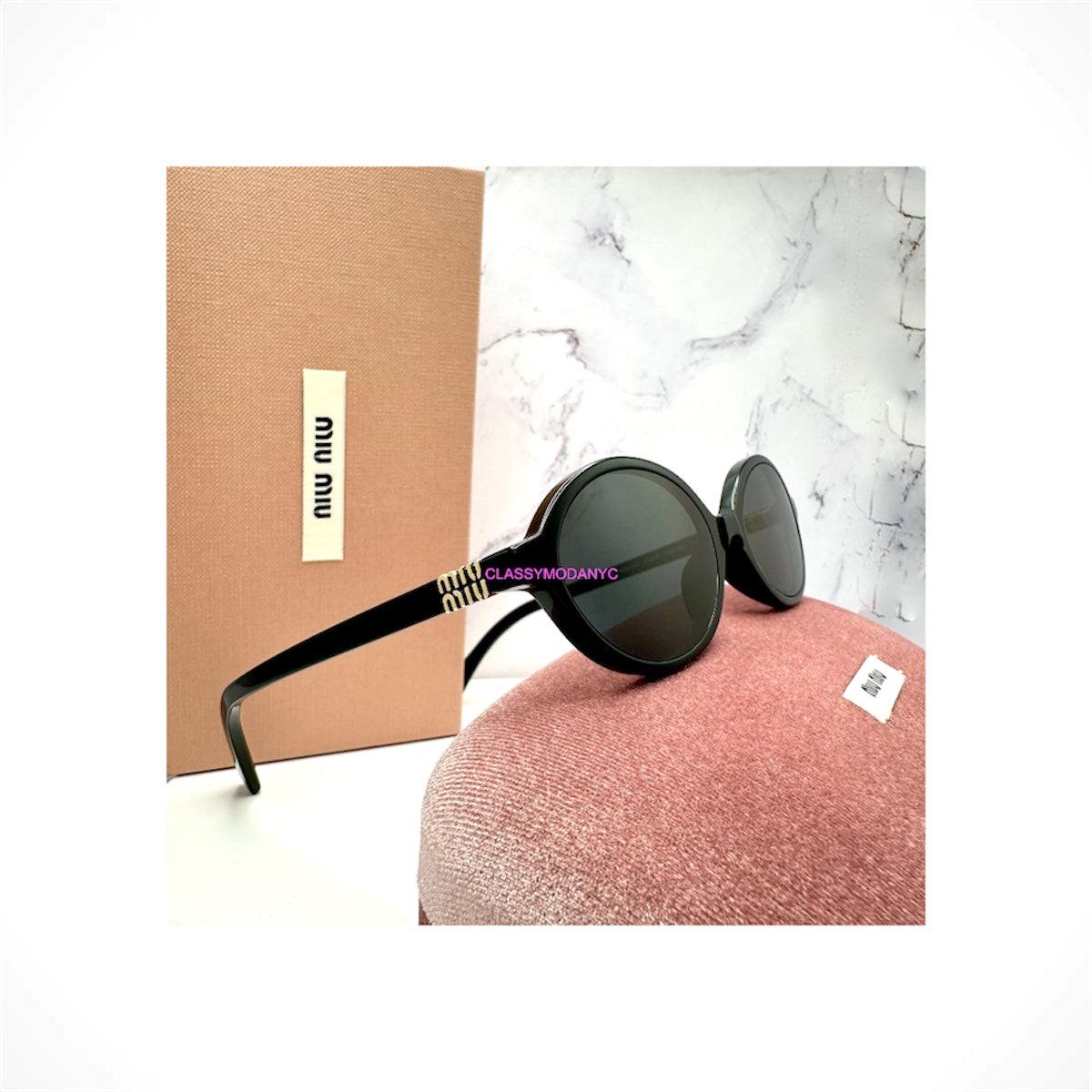 MIU MIU MU 04ZS 1AB5S0 women's black oval round acetate sunglasses with gray lenses and gold logo