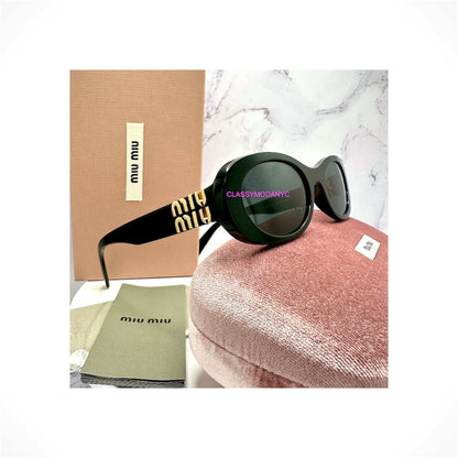 MIU MIU MU 06ZS 1AB5S0 women's black oval acetate sunglasses with gray lenses and gold MIU MIU logo