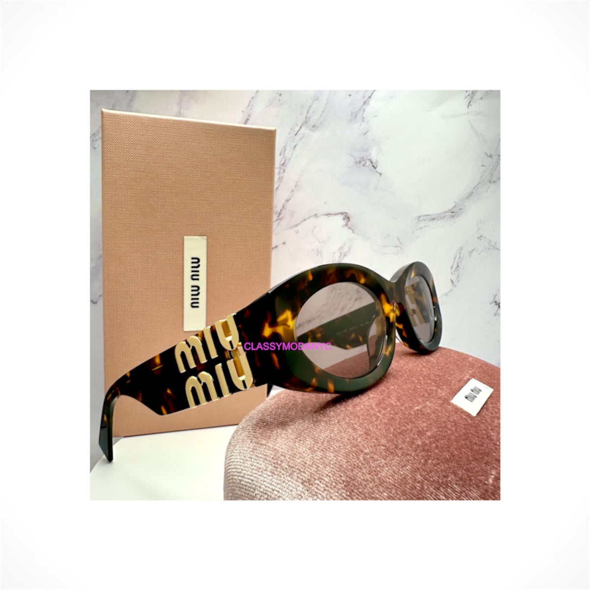 MIU MIU MU 11WS 14L2OI women's brown tortoise acetate oval sunglasses with violet purple lenses and gold hardware