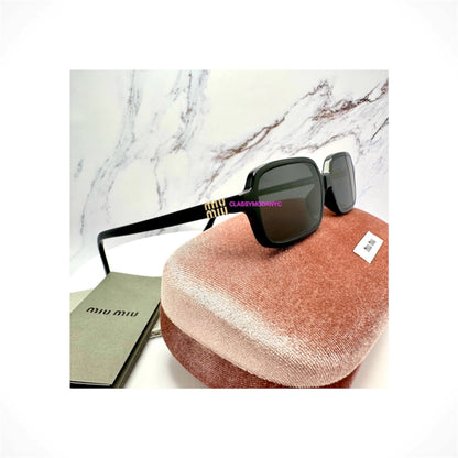 MIU MIU MU 11ZS 16K5S0 women's black square acetate sunglasses with gray lenses and gold logo