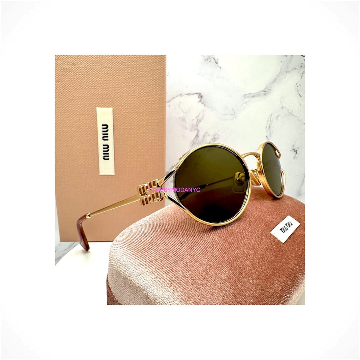 MIU MIU MU 52YS 70E1T gold oval women's sunglasses with dark brown lenses and signature logo