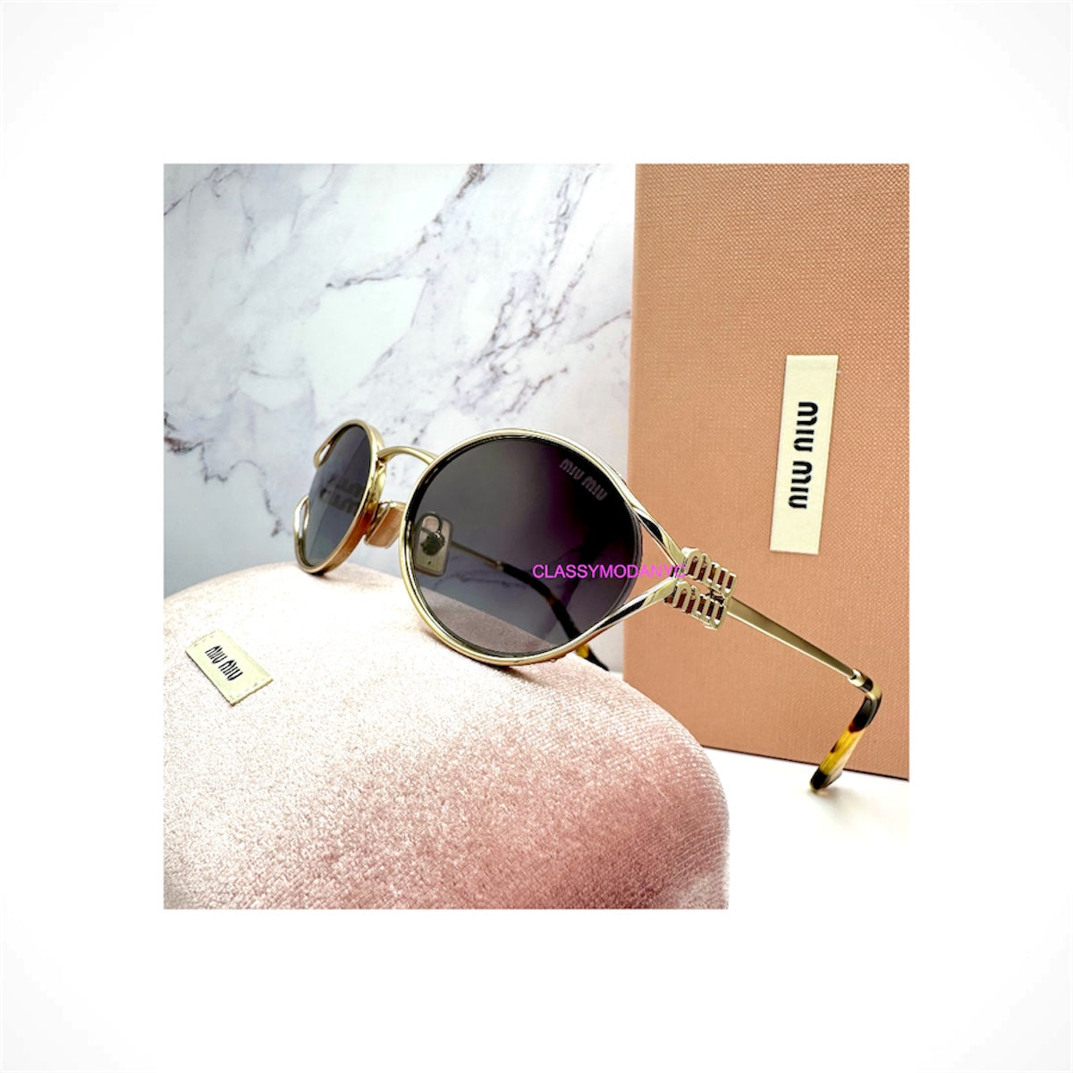 MIU MIU MU 52YS ZVN5D1 women's pale gold oval metal sunglasses with gray gradient lenses and gold logo