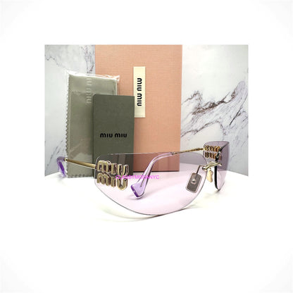 MIU MIU MU A51S ZVN90O women's gold rimless shield sunglasses with pink lenses and signature logo