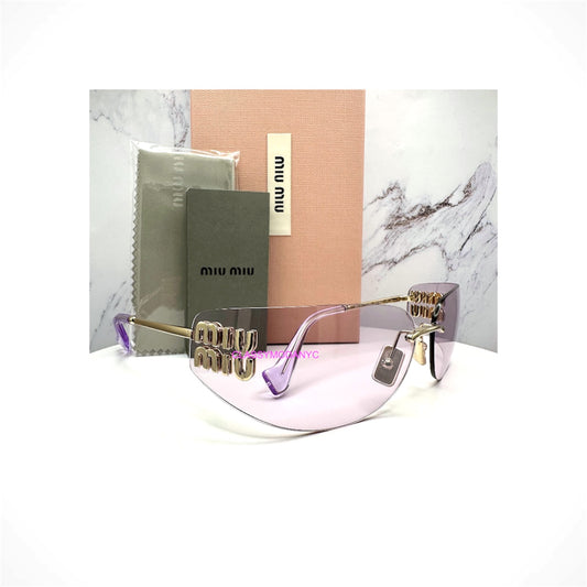 MIU MIU MU A51S ZVN90O women's gold rimless shield sunglasses with pink lenses and signature logo