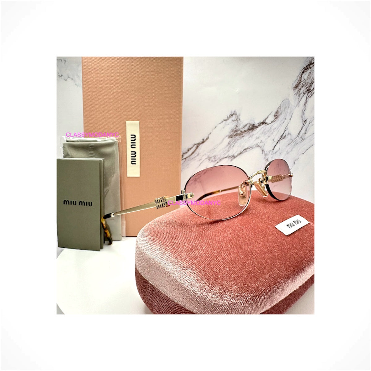 MIU MIU MU A54S ZVN70O Runway gold rimless oval women's sunglasses with gradient pink lenses