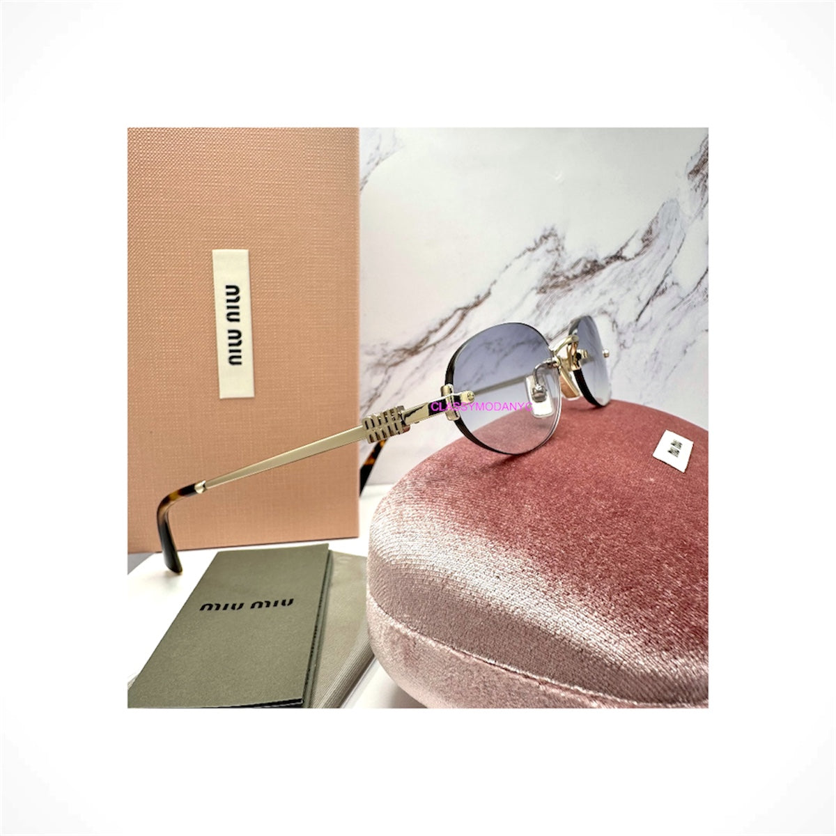 MIU MIU MU A54S ZVN800 women's pale gold rimless oval sunglasses with light blue gradient lenses and gold logo
