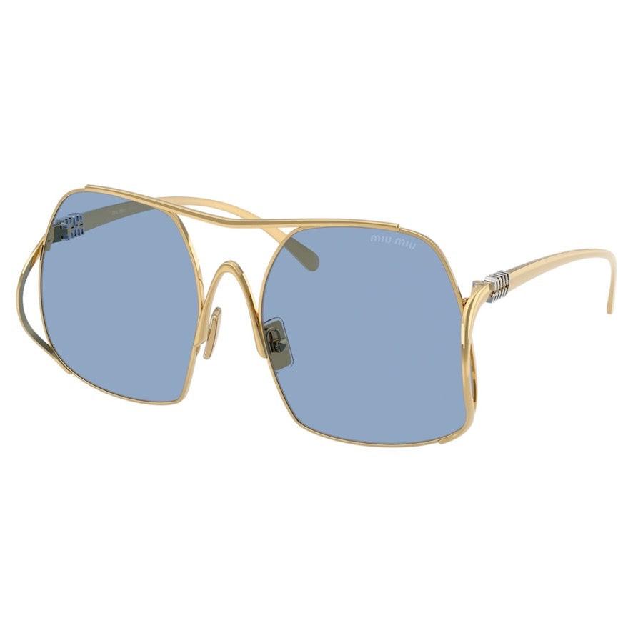 MIU MIU MU A55S 5AK30U gold oversized aviator shield women's sunglasses with blue lenses