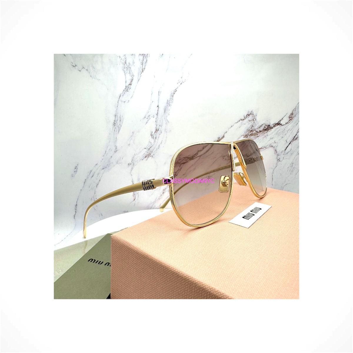 MIU MIU MU A56S 5AK90L gold oversized aviator shield sunglasses, brown gradient lenses, women's designer eyewear, authentic. Ships Free.