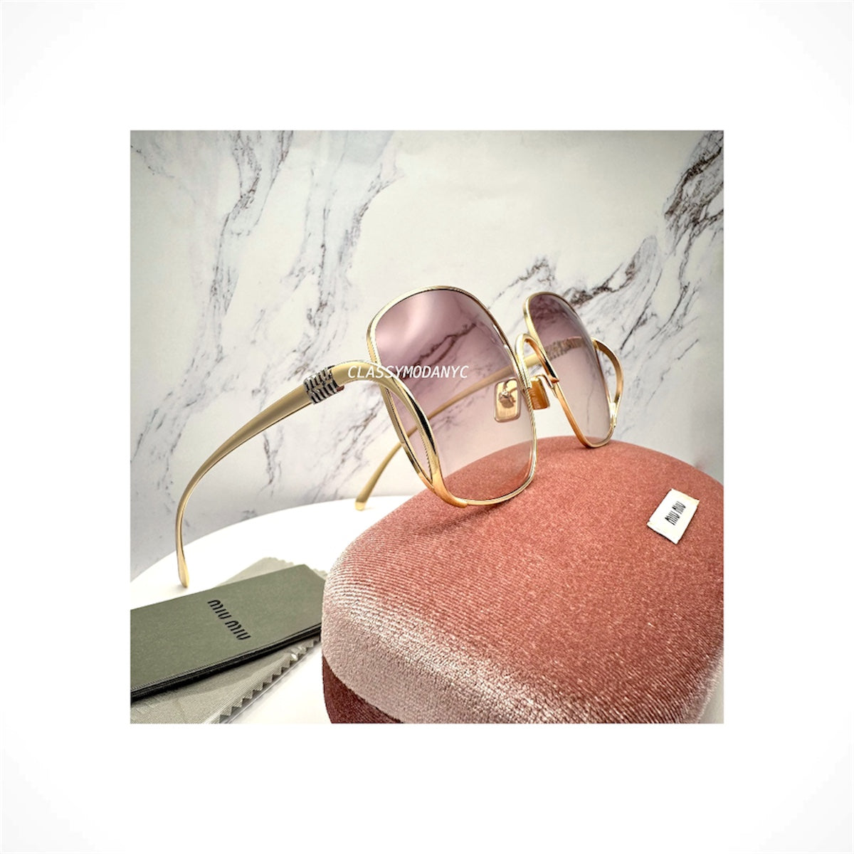 MIU MIU MU A57S 5AK40S gold oversized square women's sunglasses with dark violet-brown gradient lenses
