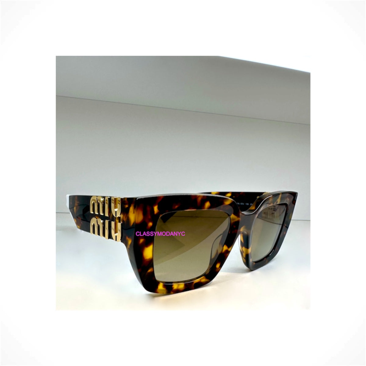 MIU MIU MU B05S 14L20U brown tortoise square rectangle women's sunglasses with brown gradient lenses