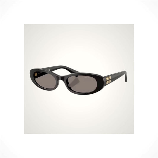 MIU MIU MU C02S 1AB80Q women’s black oval sunglasses with gray lenses, gold hardware and MIU MIU letter logo