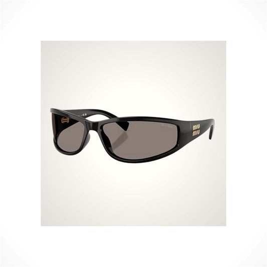 MIU MIU MU C06SU 16K80Q women’s black acetate wrap square sunglasses with dark gray lenses and gold logo