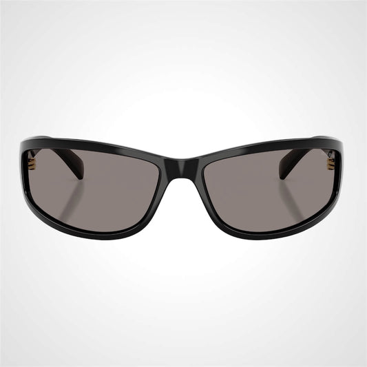 MIU MIU MU C06SU 16K80Q women’s black acetate wrap square sunglasses with dark gray lenses and gold logo