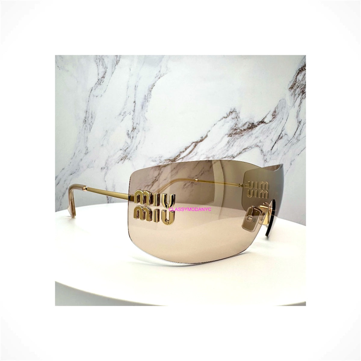 MIU MIU Runway MU B53S 5AK20P gold rimless wrap mask shield sunglasses with light brown mirror bronze lenses for women
